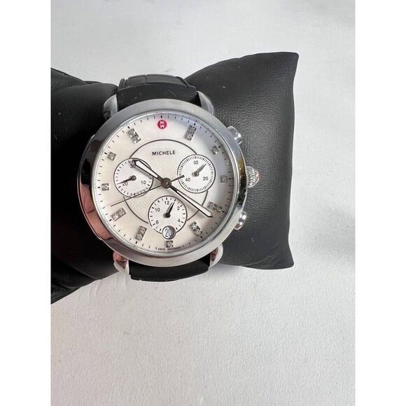 Michele Women’s Black Leather Straps White Analog Chrono Dial Swiss Made Wristwa - Picture 1 of 4
